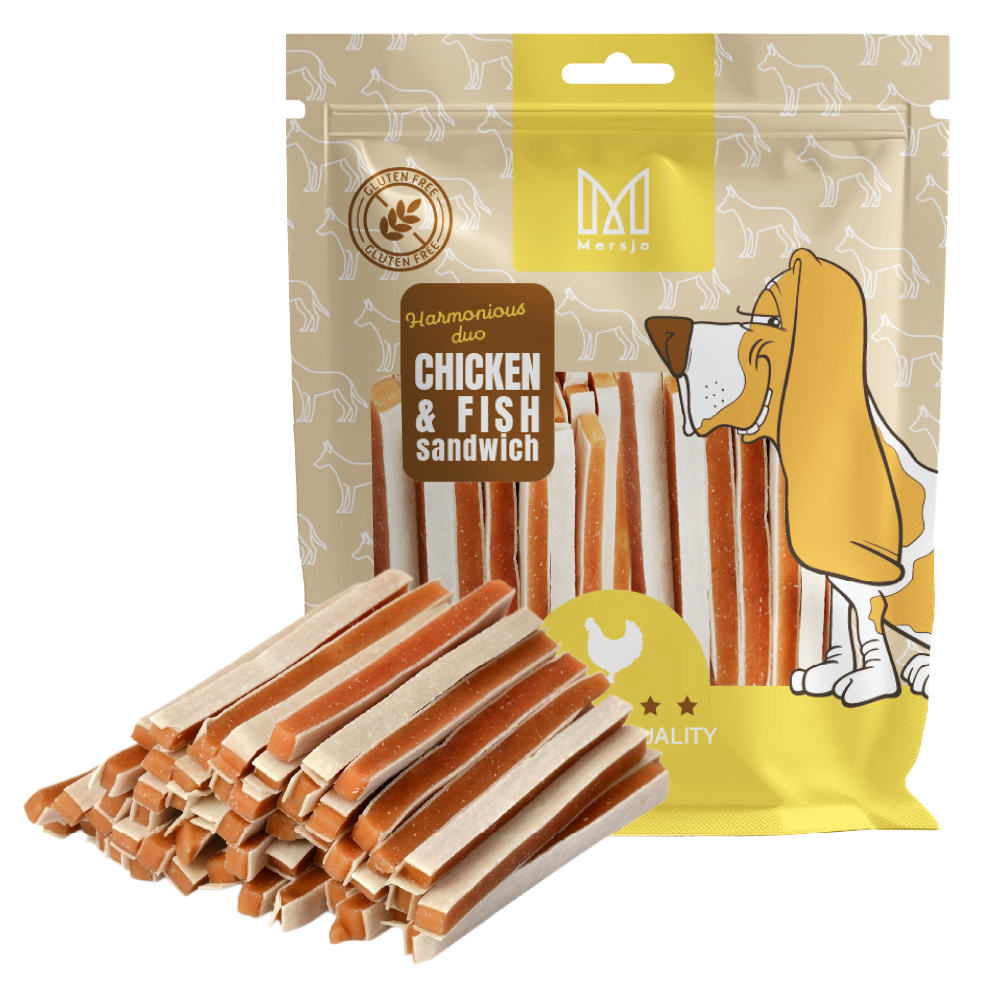 Pamlsky pro psy - Sendvič s kuřecím masem a treskou, doplněk zdravé výživy 500g