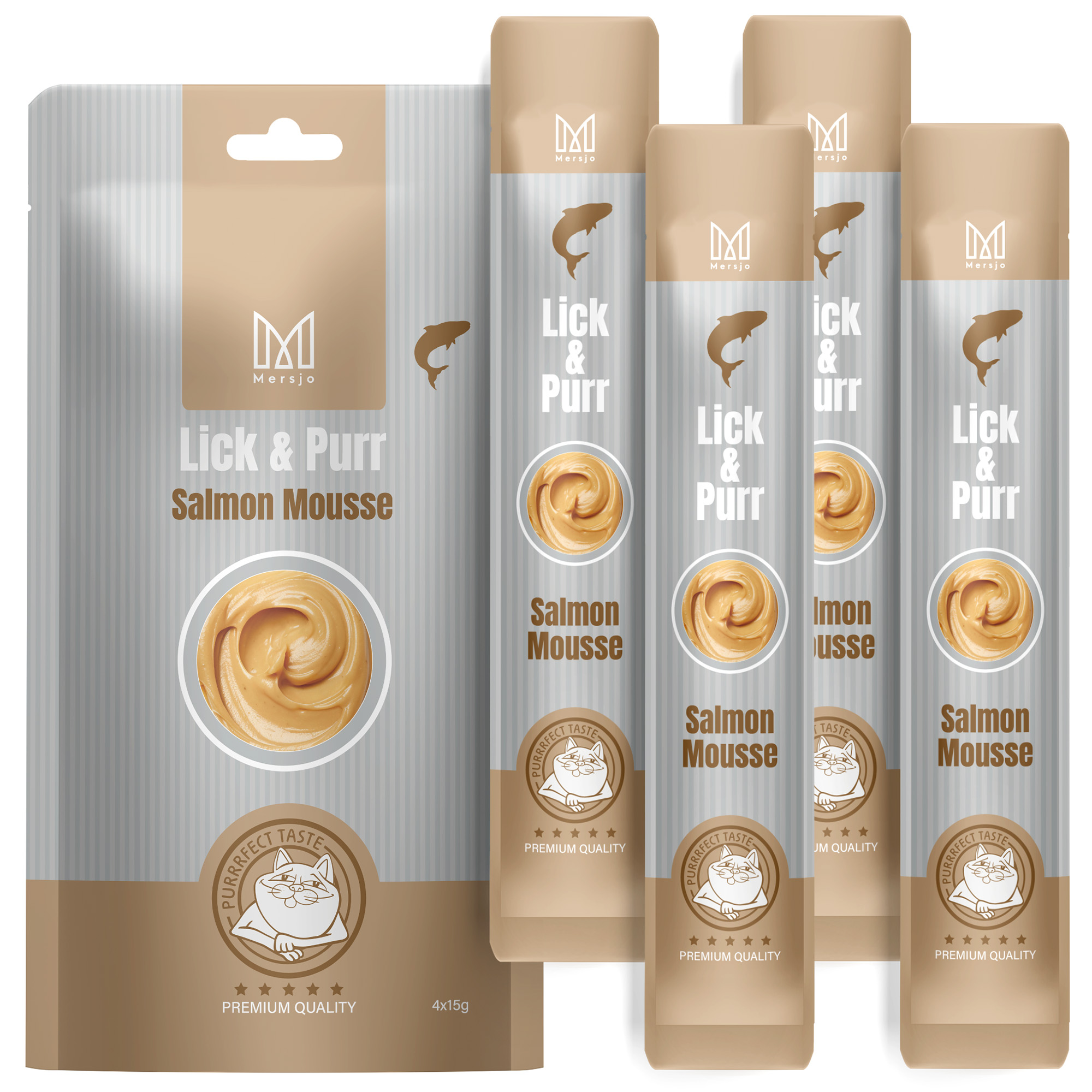 Pamlsek pro kočky – Lick & Purr: Lososová pěna Mersjo 60g